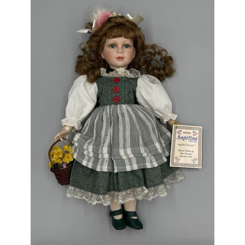 Angelina Collection Porcelain Doll by Visconti 2000 Basket Flowers Brown Curls